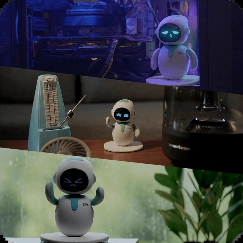 Eilik AI desk robot shown in different home and office environments with glowing animated faces