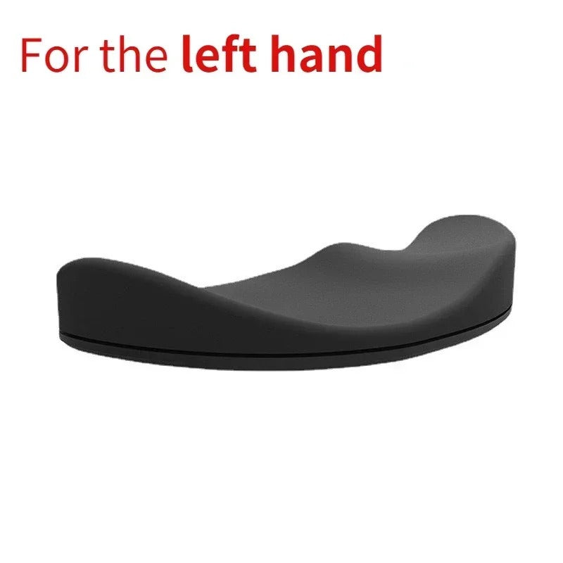 Ergonomic mouse pad wrist support in black, designed for left-handed users. Ideal for office and gaming use.