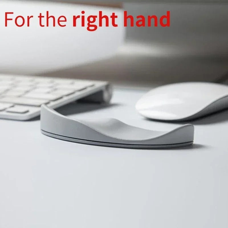 Gray ergonomic mouse pad with wrist support for right-handed users. Perfect for work and gaming setups.