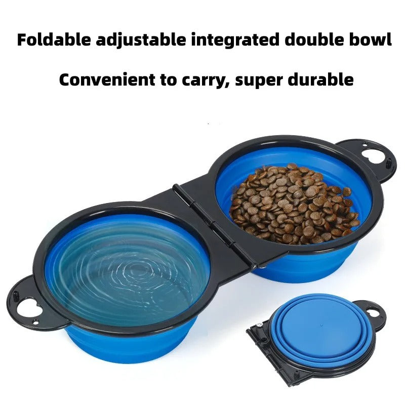 Foldable dual pet feeding bowl in blue, filled with food and water for easy pet feeding on the go.