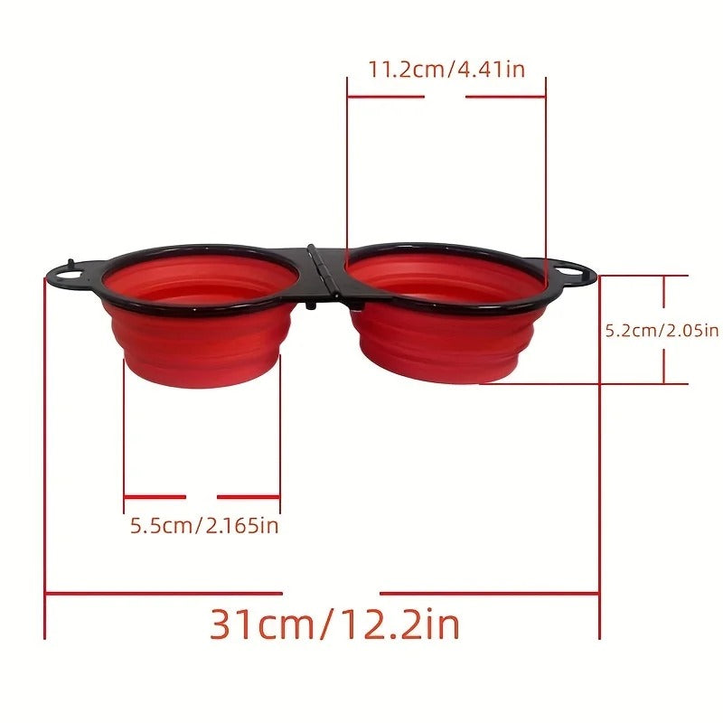 Foldable dual pet feeding bowl dimensions for size reference, measuring 12.2 inches in length.