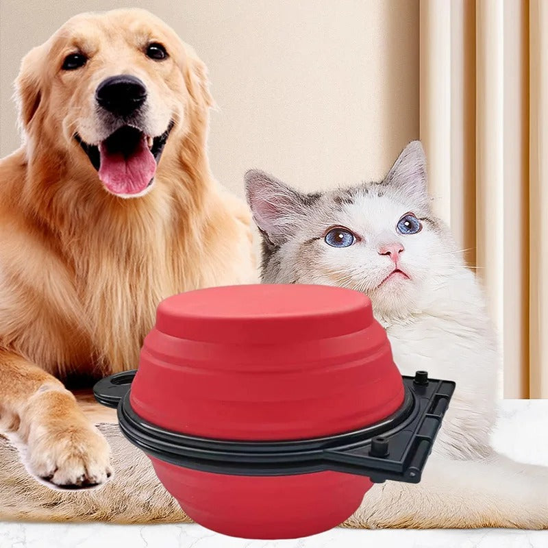 Foldable dual pet feeding bowl in red, compactly folded, with a cat and dog in the background.