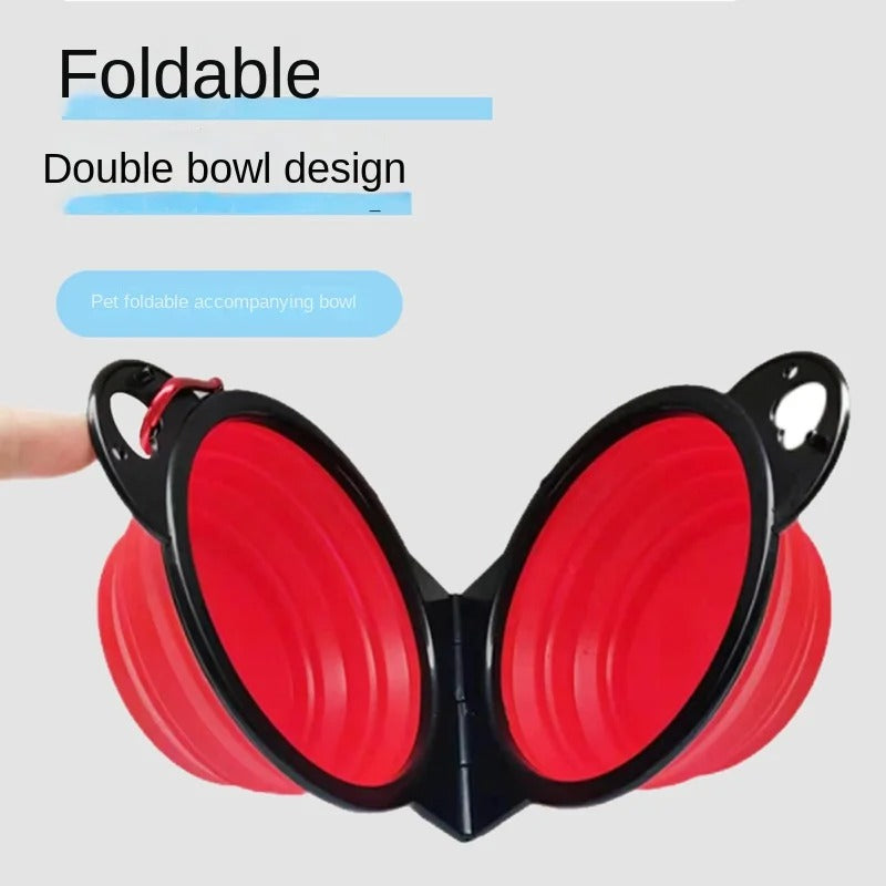 Foldable dual pet feeding bowl in red with a sleek and portable double-bowl design.