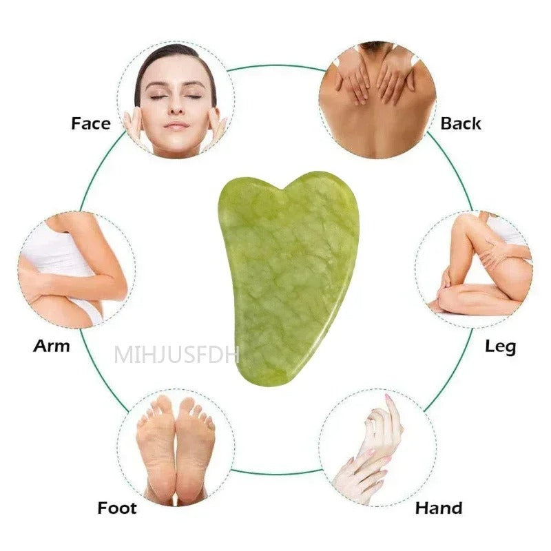 Gua Sha jade stone massage tool shown for use on face, arms, legs, feet, and hands.