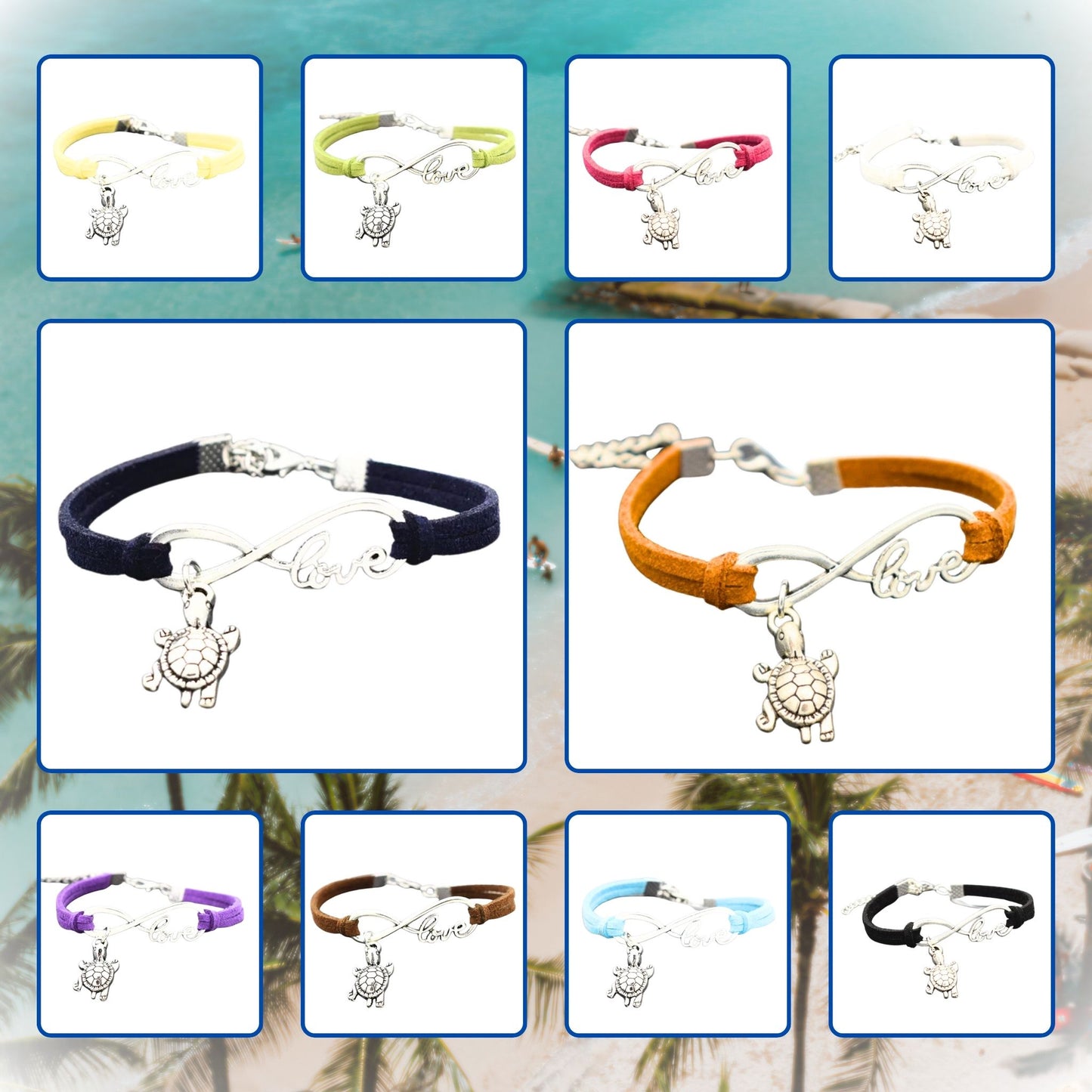 Infinite Love Turtle Bracelet displayed in ten color variants, adjustable and vegan-friendly.