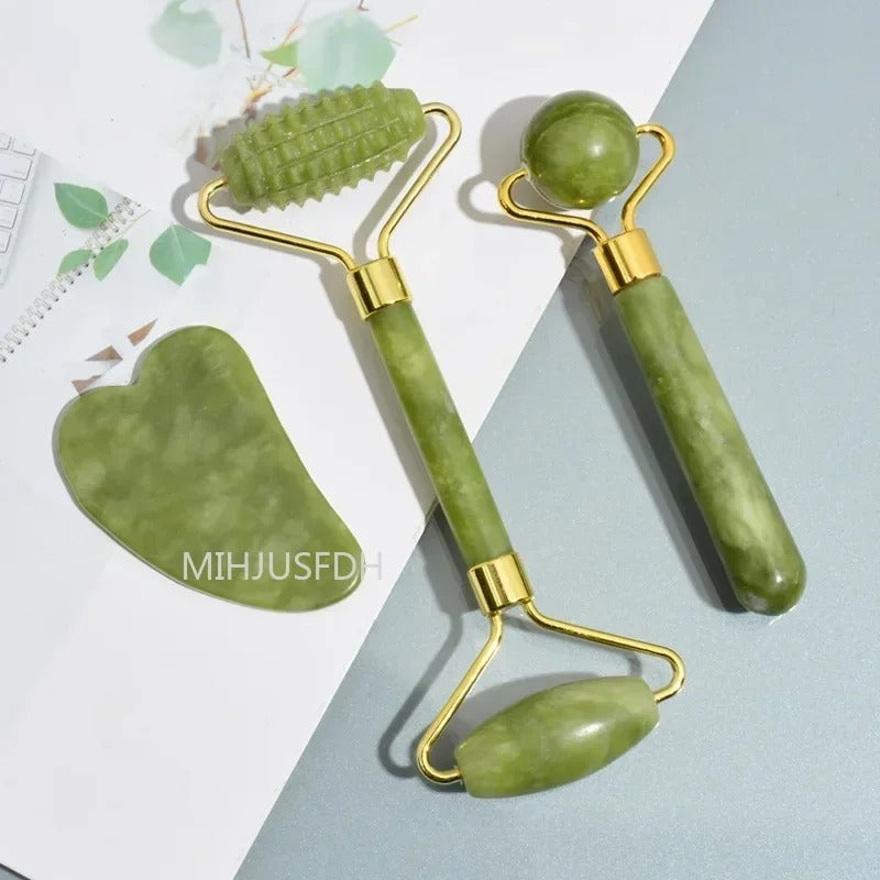 Three-piece jade roller and Gua Sha massage tool set for facial and body relaxation.