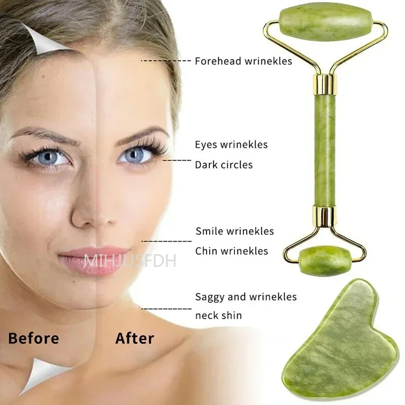 Before and after comparison showing the benefits of a jade roller on facial wrinkles and skin appearance.