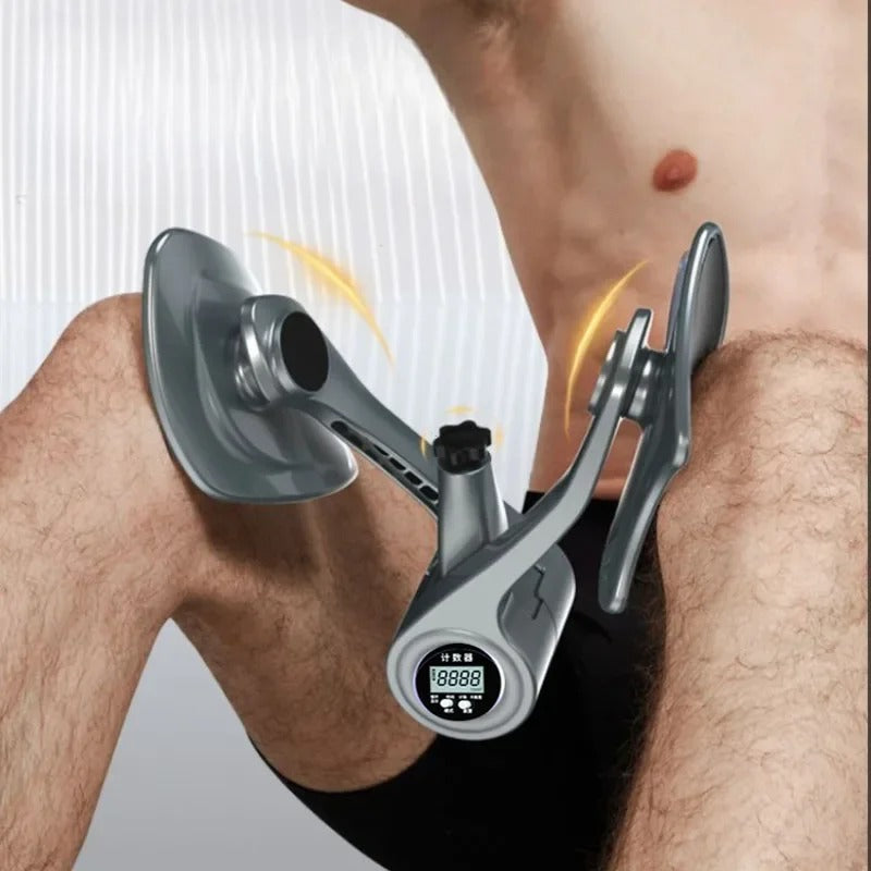 Close-up of Digital Kegel Trainer positioned between thighs during workout