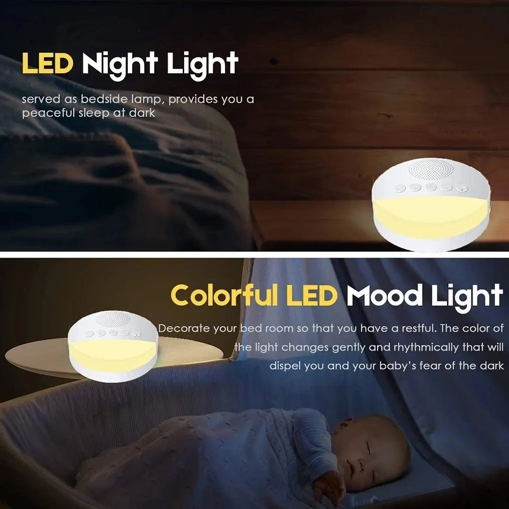 White noise machine with LED night light creating a calming atmosphere for better sleep.