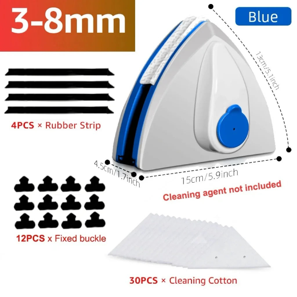 Blue Magnetic Window Cleaner for 3–8mm glass with size guide and included accessories: rubber strips, cleaning cotton, and fixed buckles