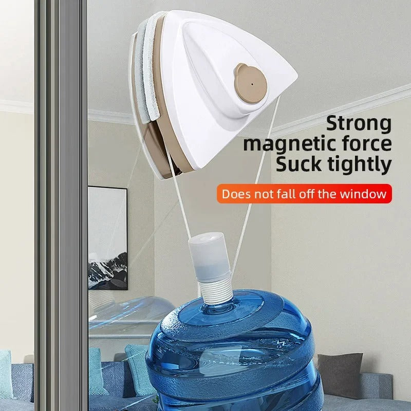 Magnetic Window Cleaner demonstrating strong magnetic force securely attached to window glass