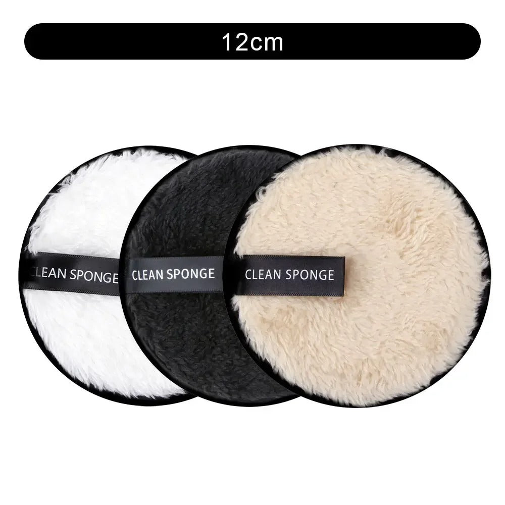 Set of 3 reusable makeup remover pads in white, beige, and black.