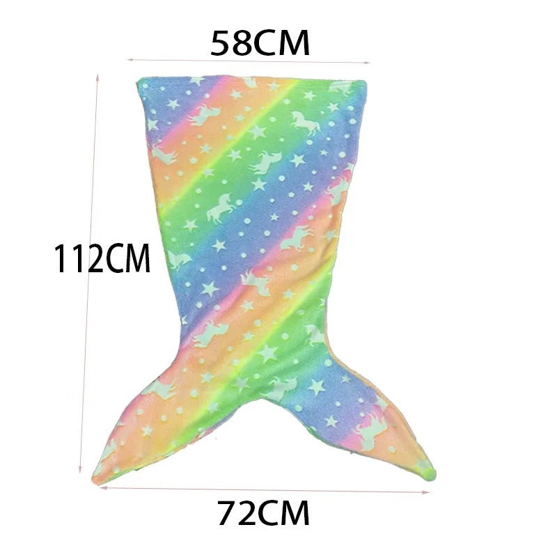 Mermaid Galaxy Glow Blanket dimensions chart showing width and length in centimeters