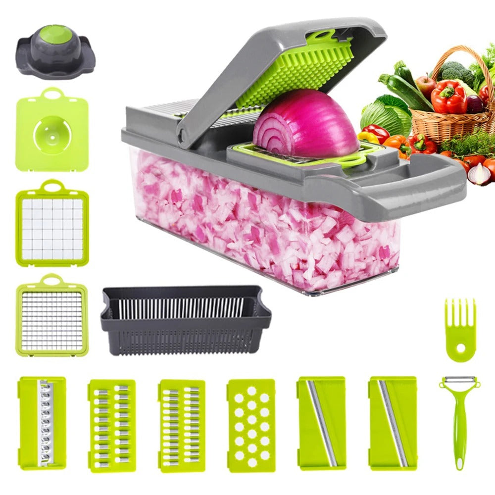 Multifunctional vegetable chopper set with interchangeable blades, dicing container, and accessories for slicing, grating, and chopping.