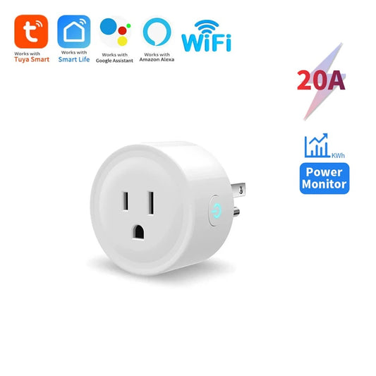 Compact WiFi-enabled smart plug with compatibility logos for Alexa, Google Home, and Tuya Smart app.