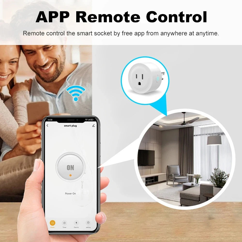 User controlling a smart plug remotely through a smartphone app, demonstrating easy home automation from anywhere.