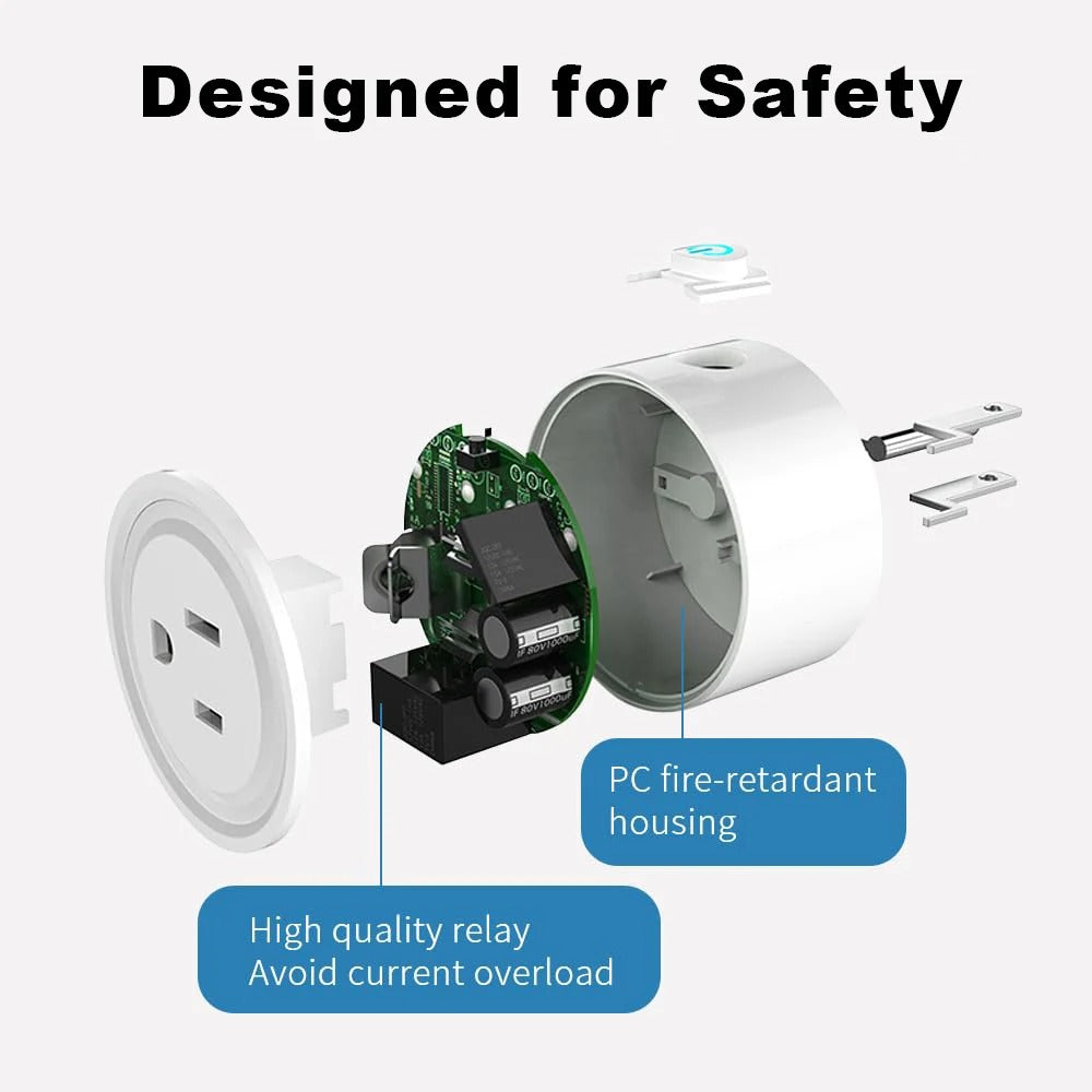 Close-up of an outdoor smart plug's internal components, showcasing its fire-retardant housing and high-quality relay for safety.