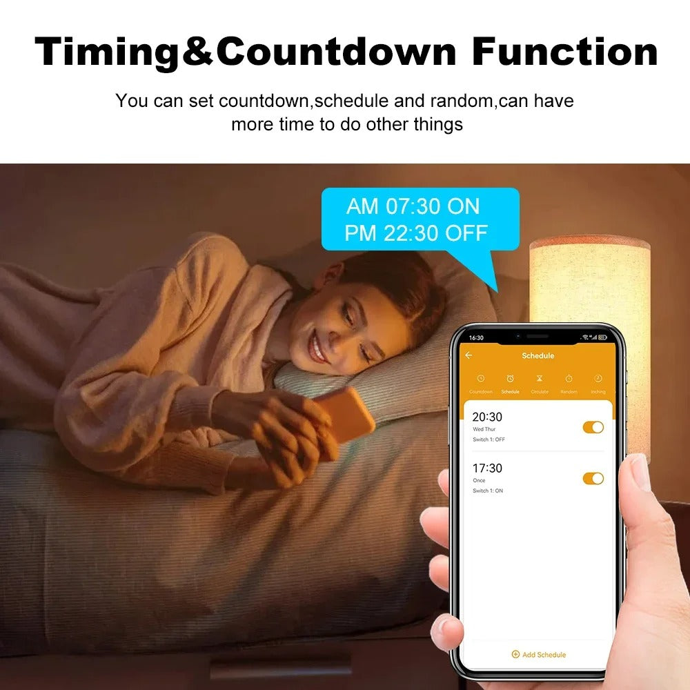 Smart plug timer and countdown feature displayed on a mobile app, allowing users to schedule power on/off times.