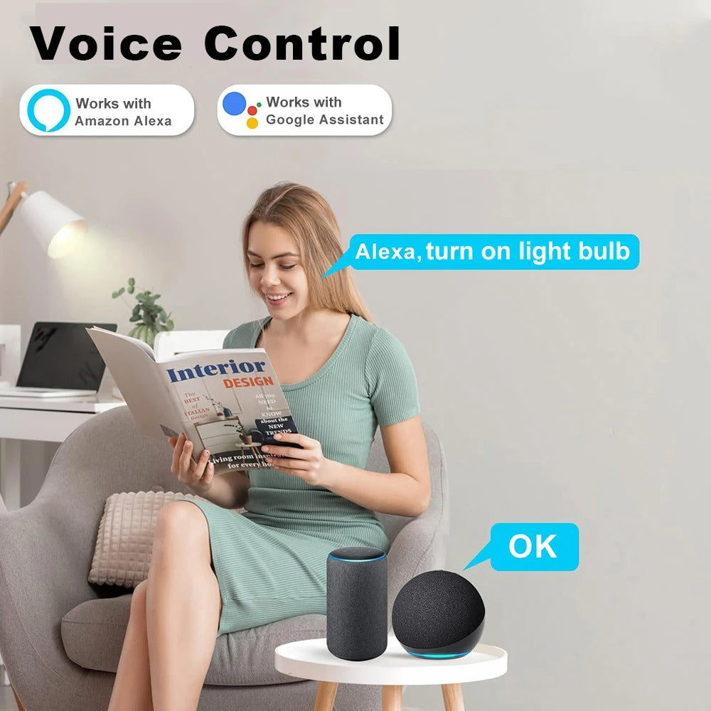 A woman using Alexa voice command to control a smart plug, illustrating hands-free operation via Google Assistant and Alexa.