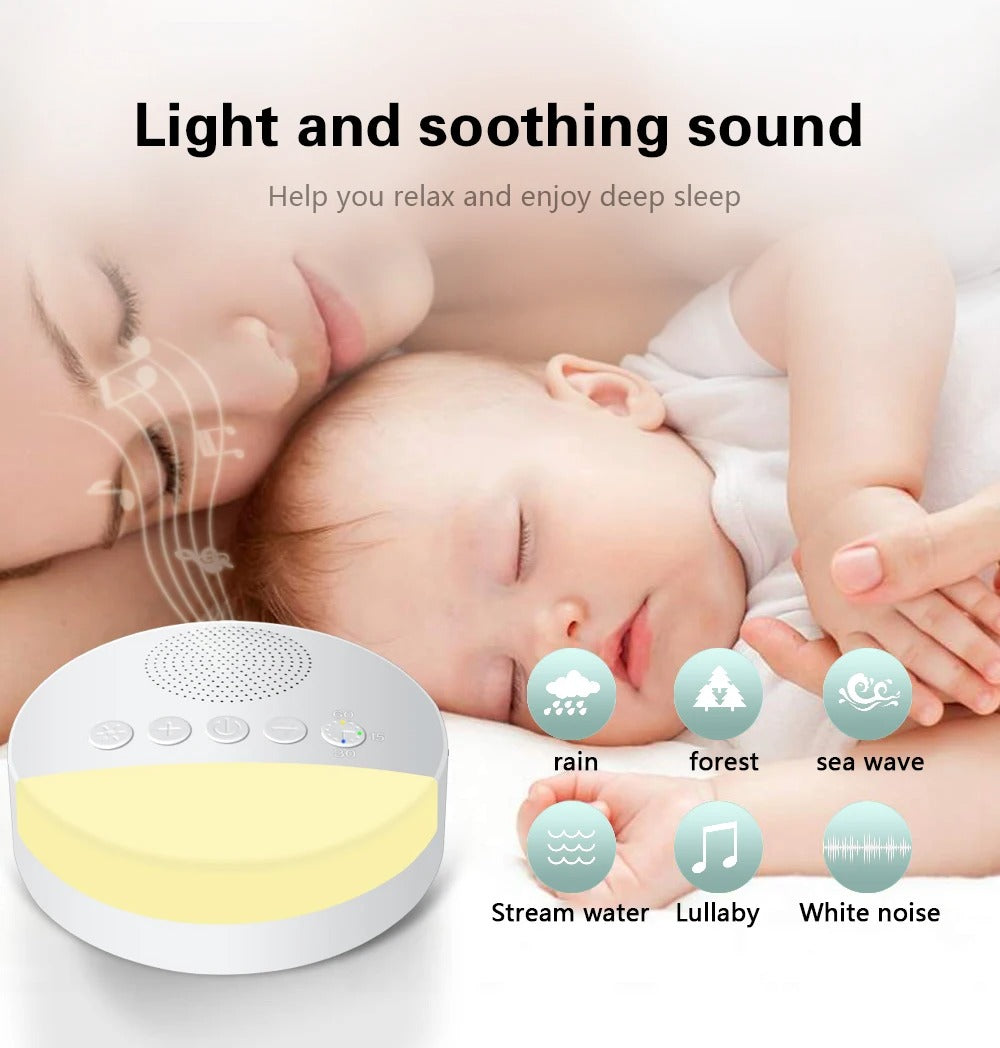 Portable baby white noise machine emitting light and soothing sounds to help a baby sleep peacefully.