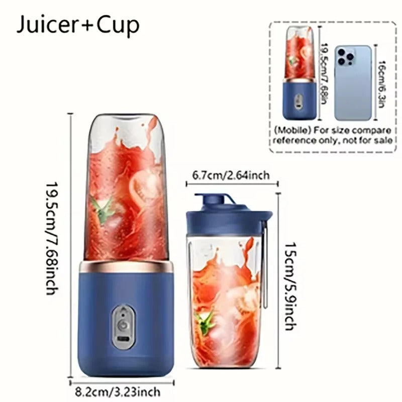 Compact Portable Juicer Cup with Dimensions and Size Comparison