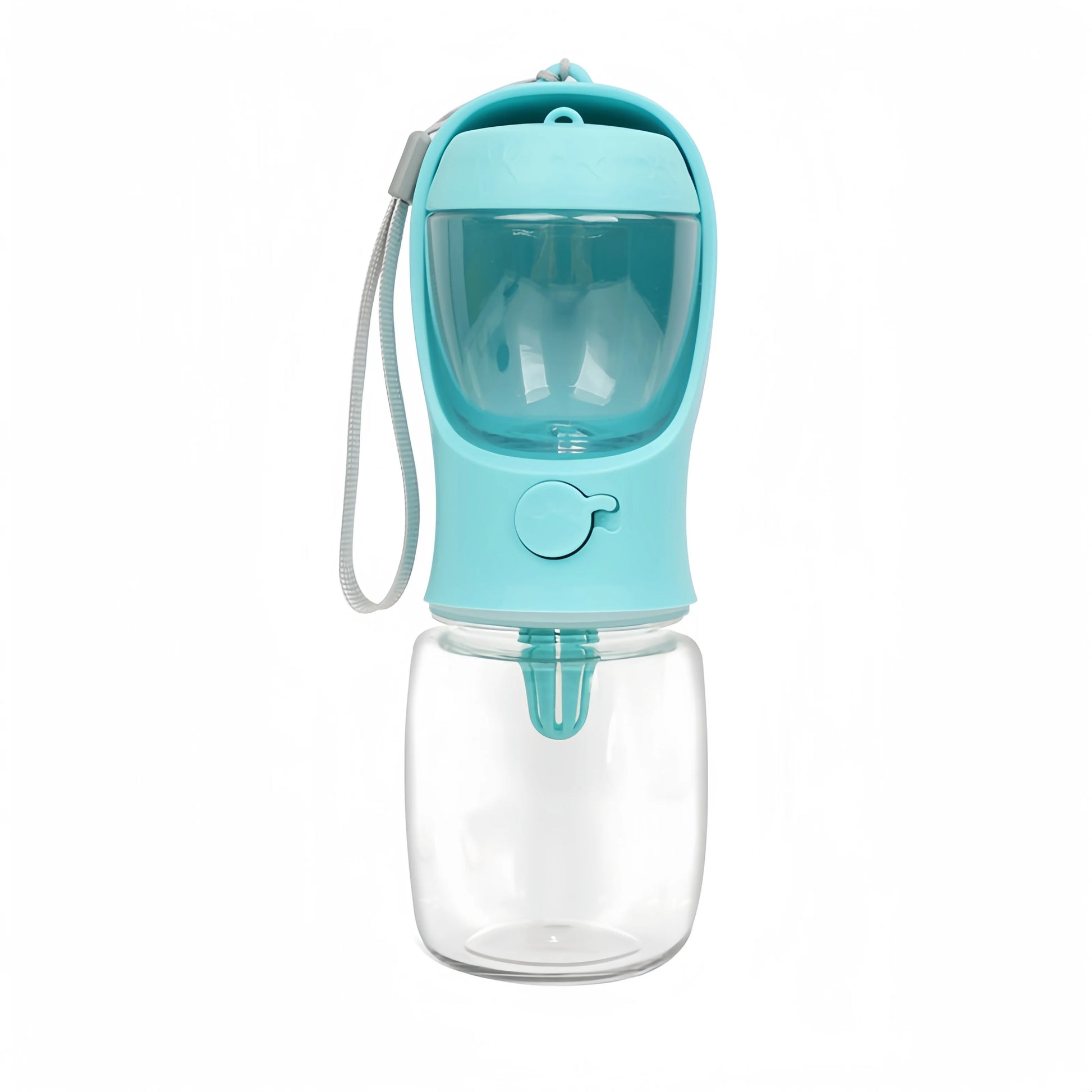 Portable pet water bottle in blue, featuring a leak-proof design with dual water and food compartments.