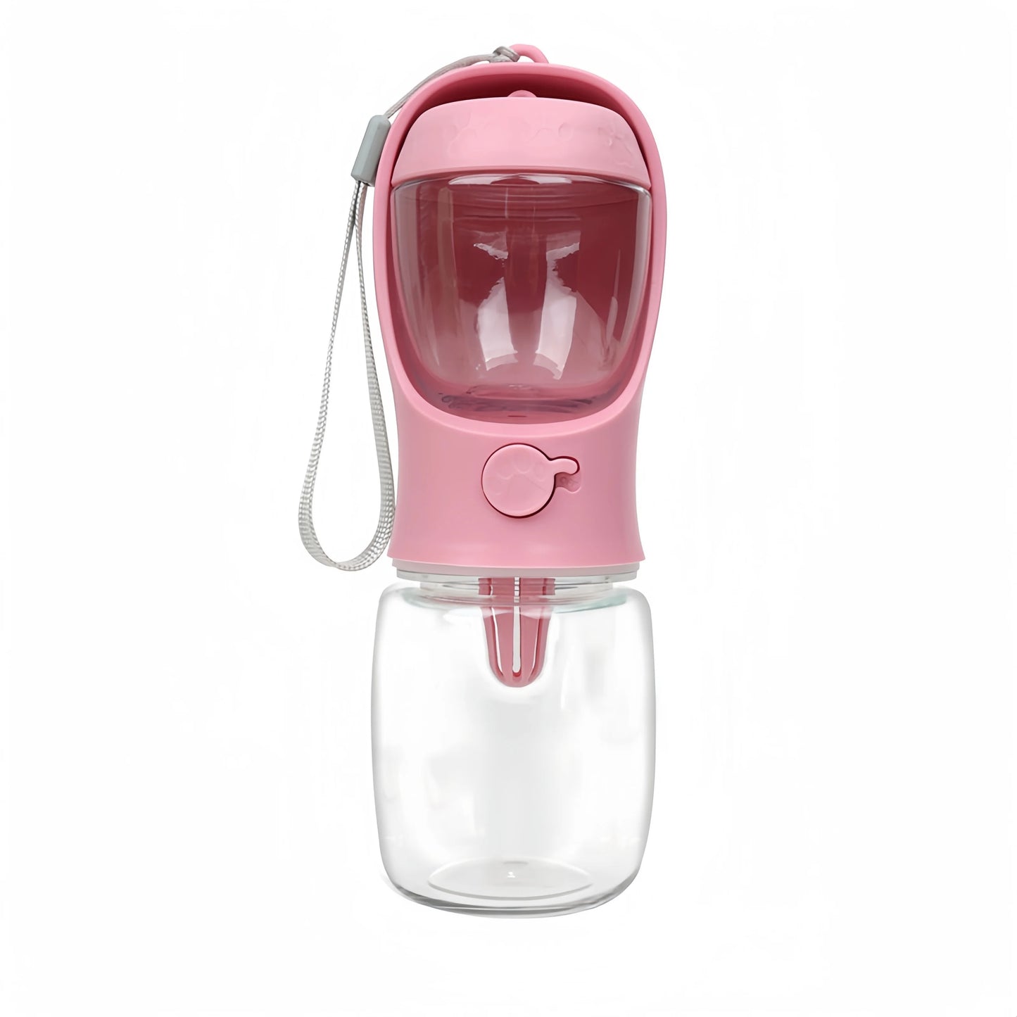 Portable pet water bottle in pink, featuring a dual-purpose design for storing water and food, ideal for pet travel and outdoor activities.