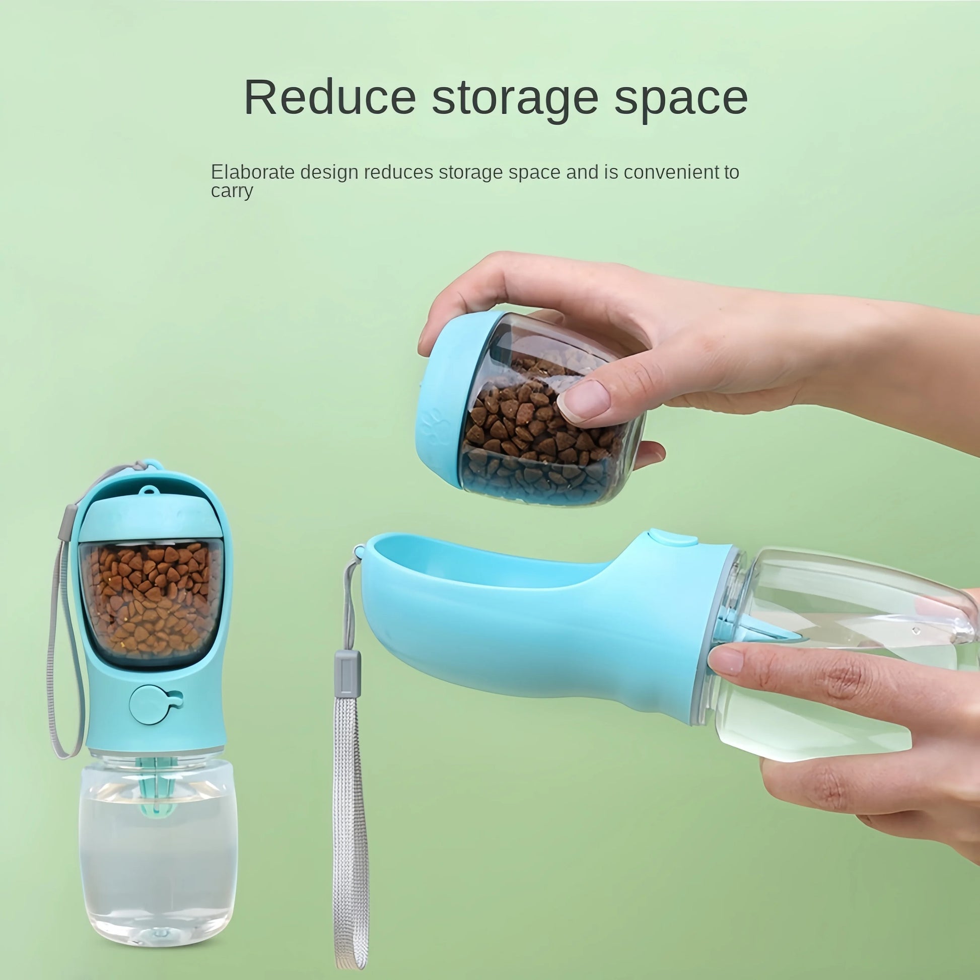 Portable pet water bottle with a compact design, reducing storage space and convenient for travel.