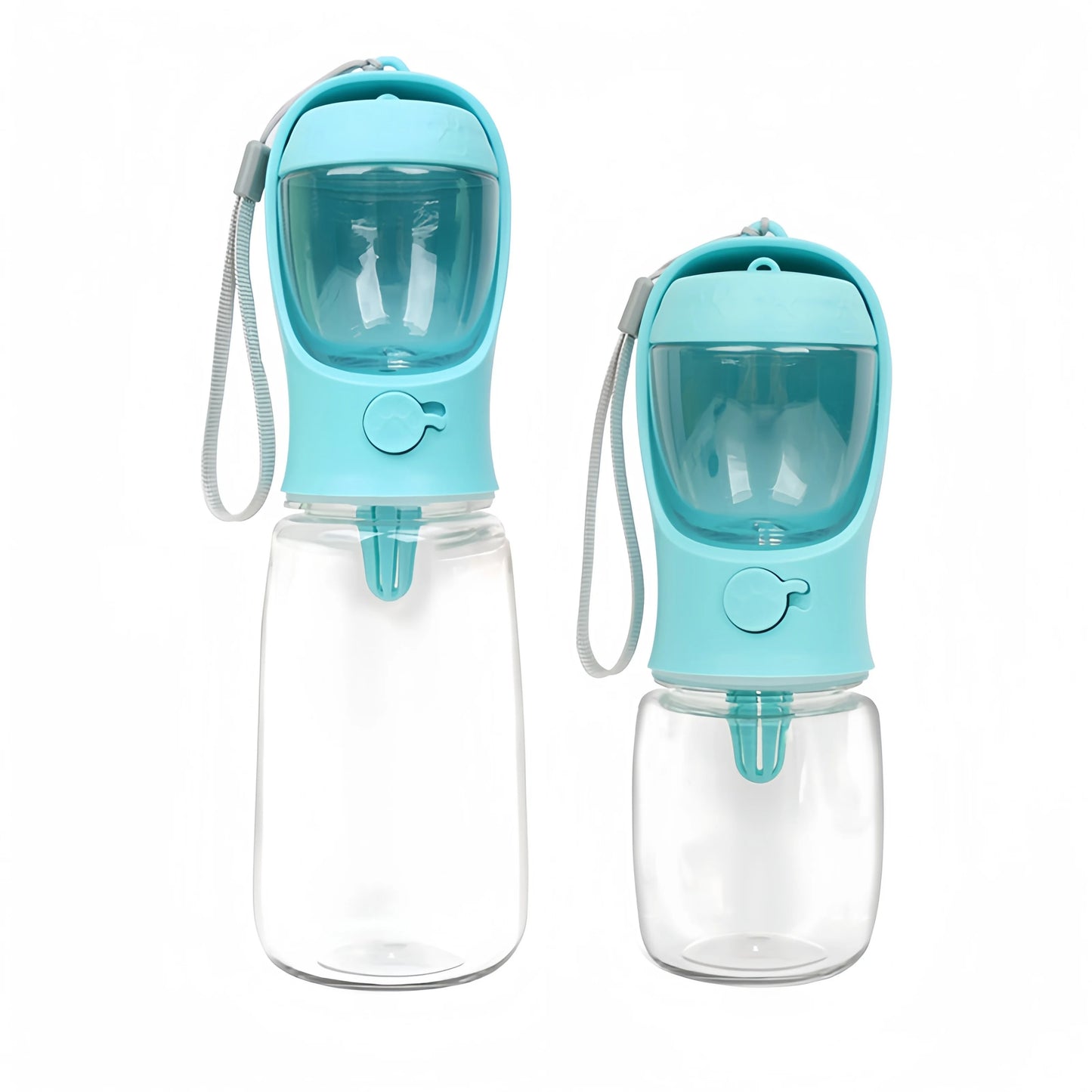 Portable pet water bottles shown in two sizes with a sleek design, perfect for pets of all sizes and travel needs.