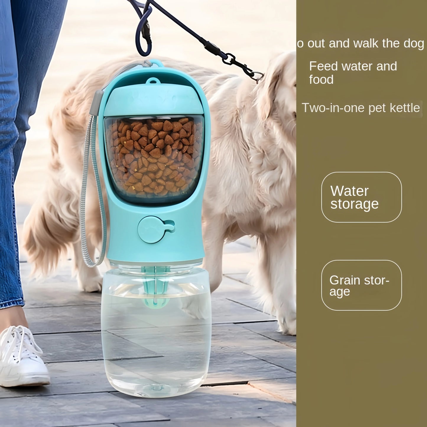 Portable pet water bottle in use during a dog walk, highlighting two-in-one design for water and grain storage.