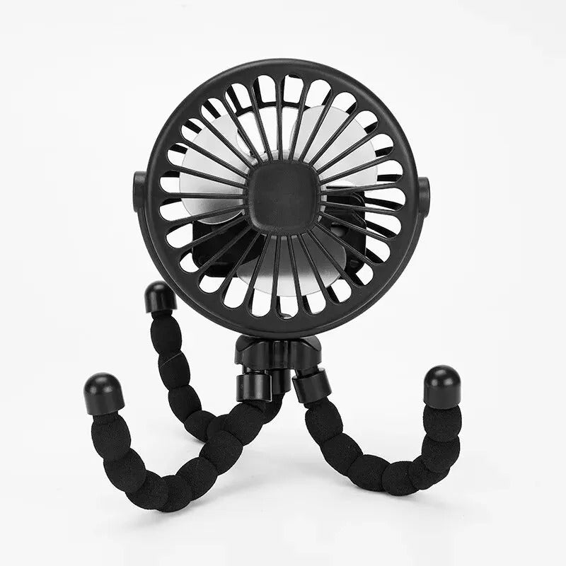 Portable black stroller fan with flexible tripod legs for easy attachment to strollers and cribs.