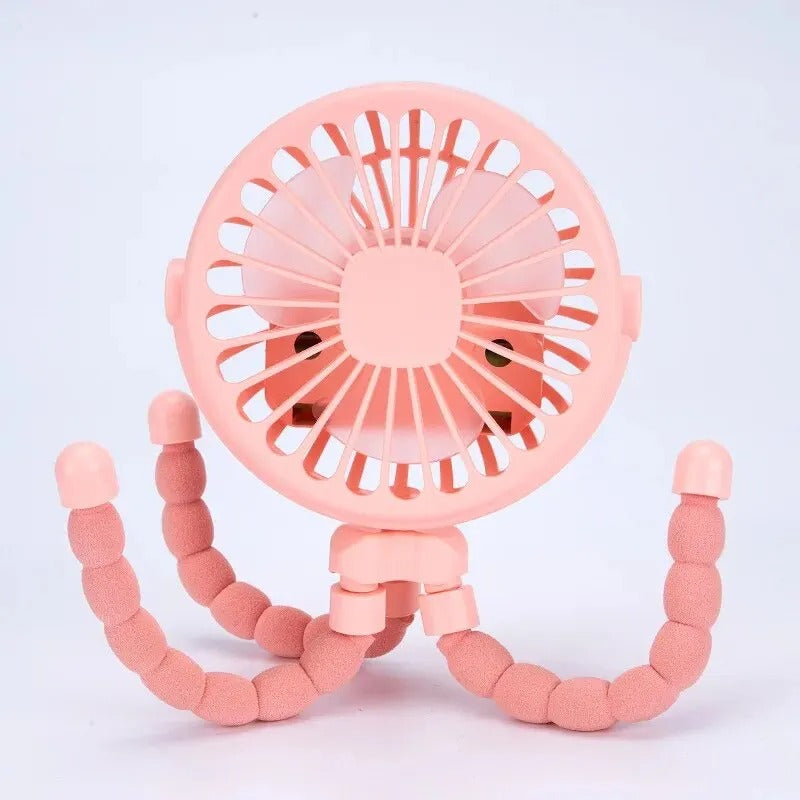 Soft pink stroller fan featuring bendable tripod legs for versatile mounting and adjustable airflow.