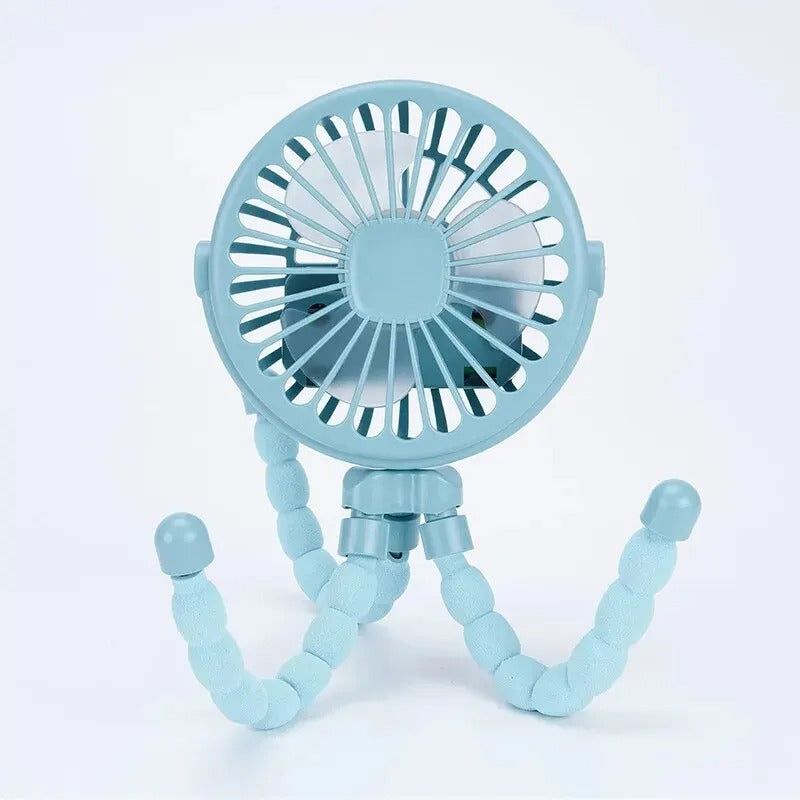 Light blue baby stroller fan with flexible tripod design for hands-free cooling on the go.