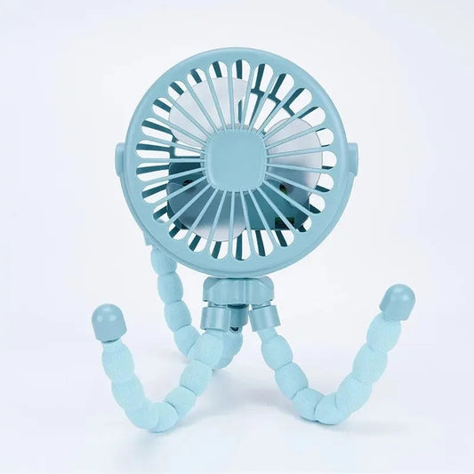 Light blue baby stroller fan with flexible tripod design for hands-free cooling on the go.