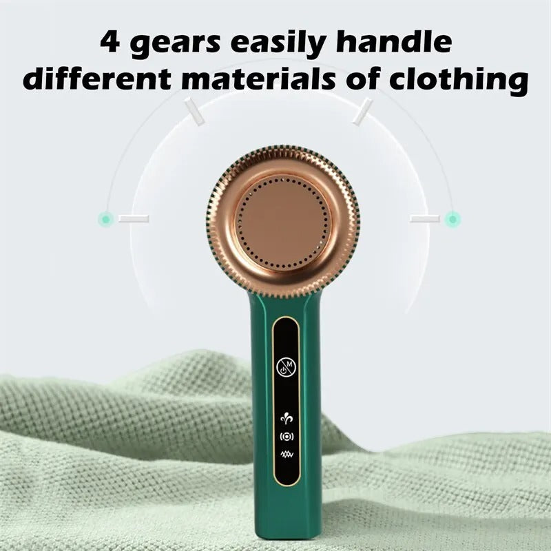 Green rechargeable fabric shaver with 4 gear settings shown on soft knit fabric