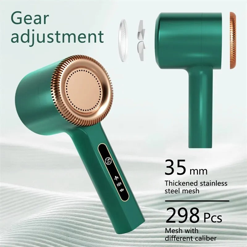 Rechargeable fabric shaver showing gear adjustment, stainless steel mesh, and blade components