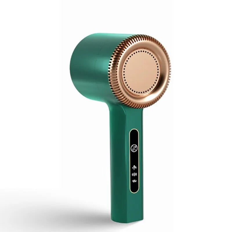 Side view of green rechargeable fabric shaver with copper trimming head on white background