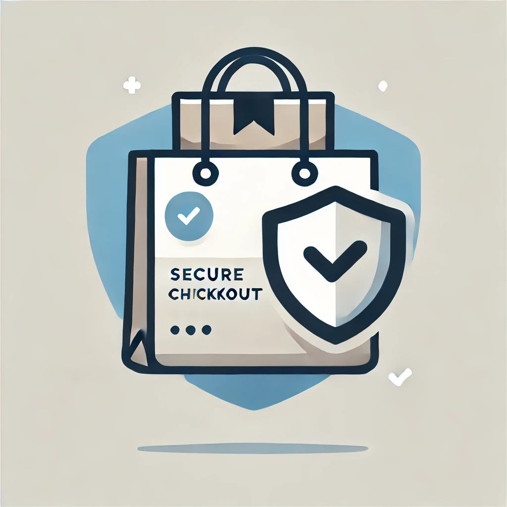 Illustration of a shopping bag with a shield icon representing secure shopping, free shipping over $50, easy returns, and 100% secure checkout.