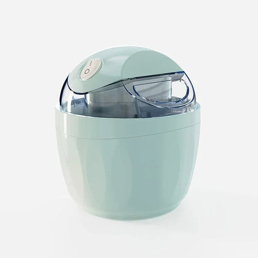 Compact Single-Serve Ice Cream Maker fully assembled with clear lid and one-button control on white background.