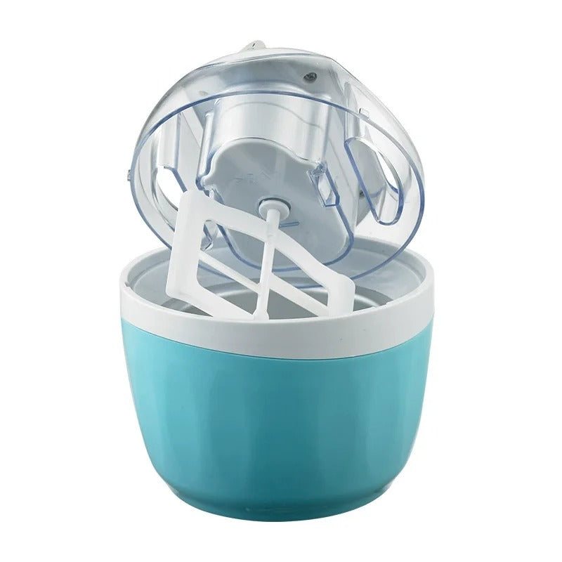 Single-Serve Ice Cream Maker with transparent lid lifted to show the inner bowl and mixing paddle.