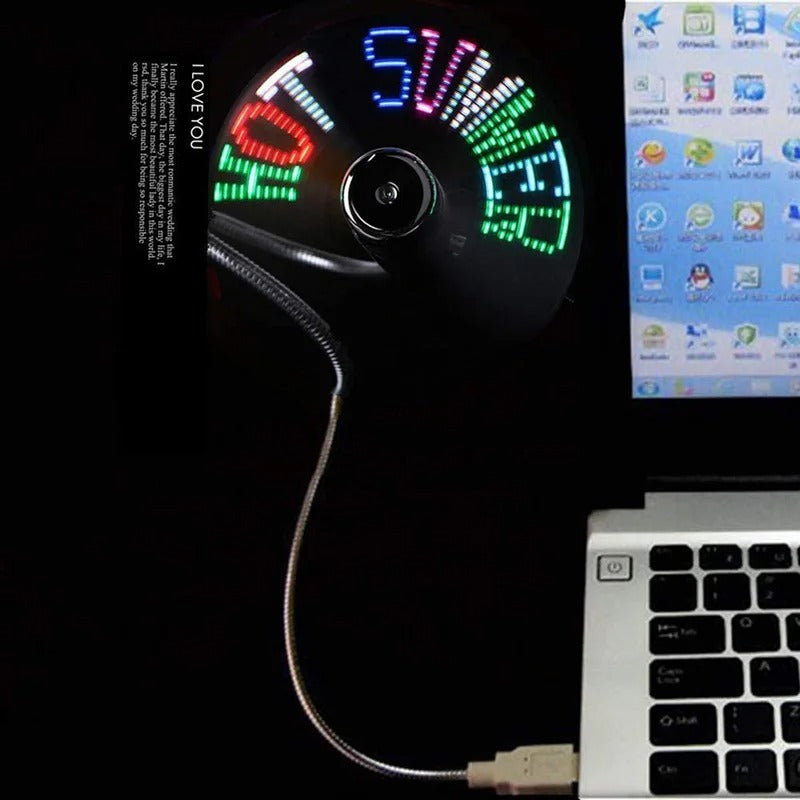 Smart LED Message Fan plugged into laptop displaying colorful HOT SUMMER LED message
