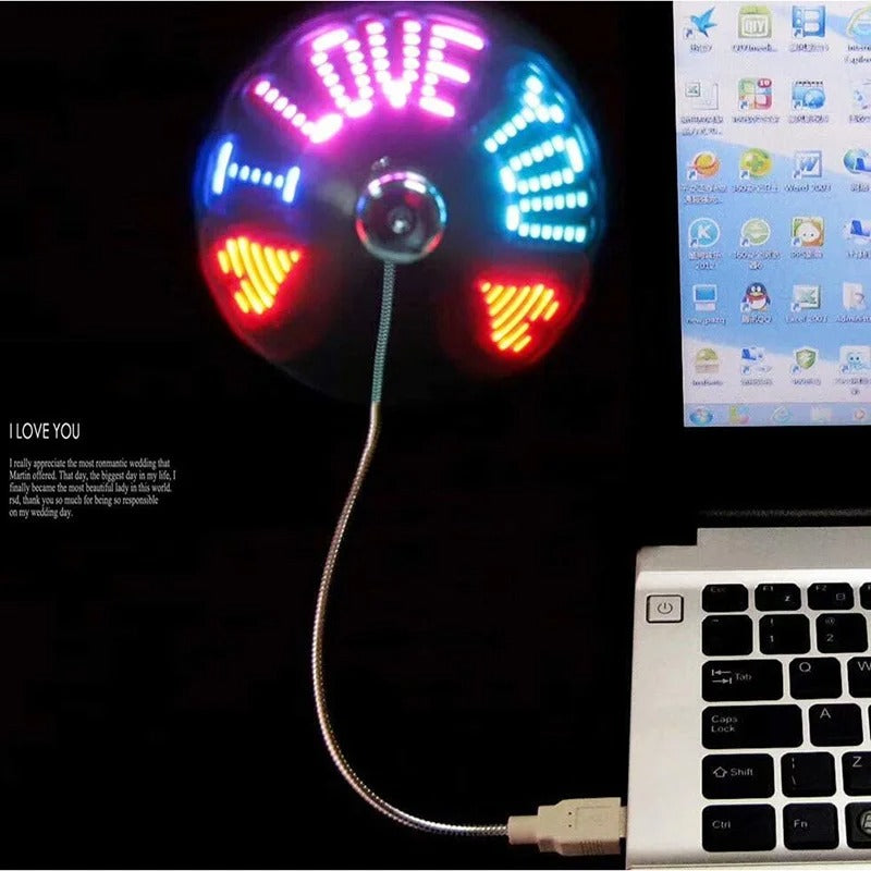 Smart LED Message Fan connected to laptop showing spinning I LOVE YOU message in RGB lights