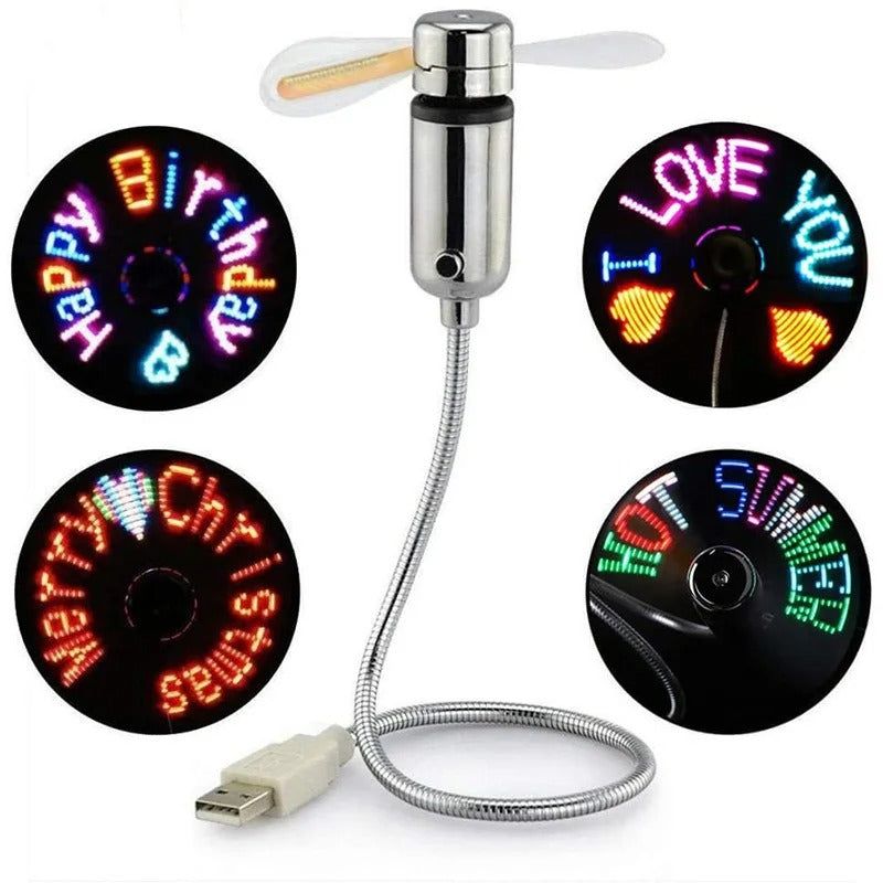 Smart LED Message Fan showing RGB programmable text effects like Happy Birthday and I Love You