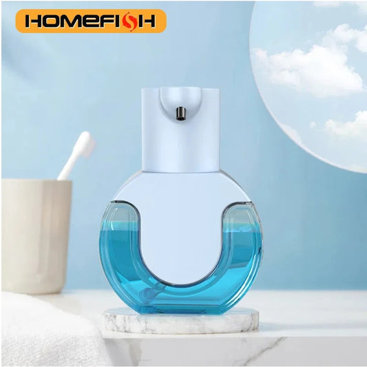 Smart soap dispenser sitting on bathroom counter with sky reflection