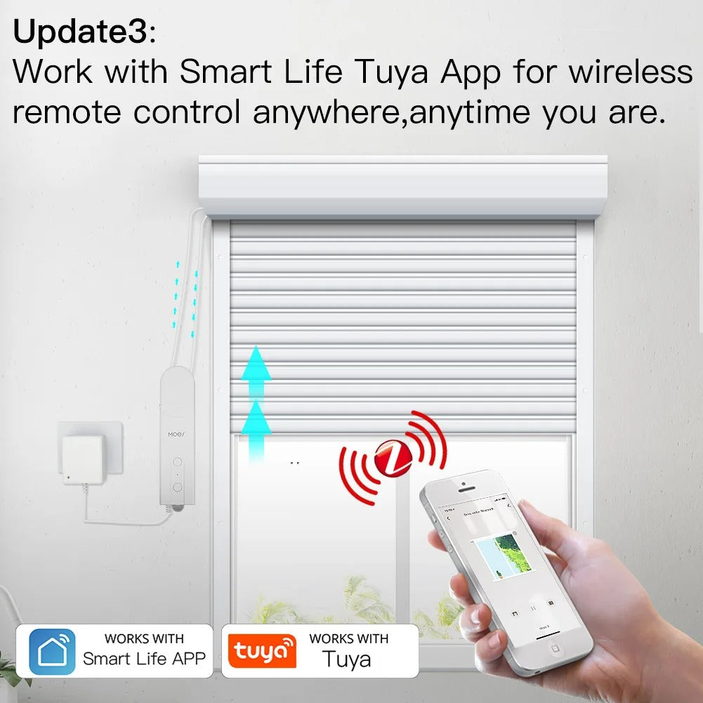 Tuya Smart Curtain Motor shown with Smart Life app remote control for opening and closing blinds