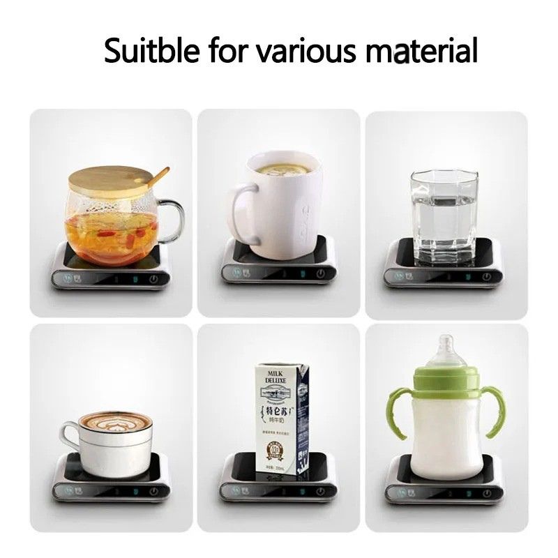 USB smart mug warmer heating various cup materials including glass, porcelain, and metal.