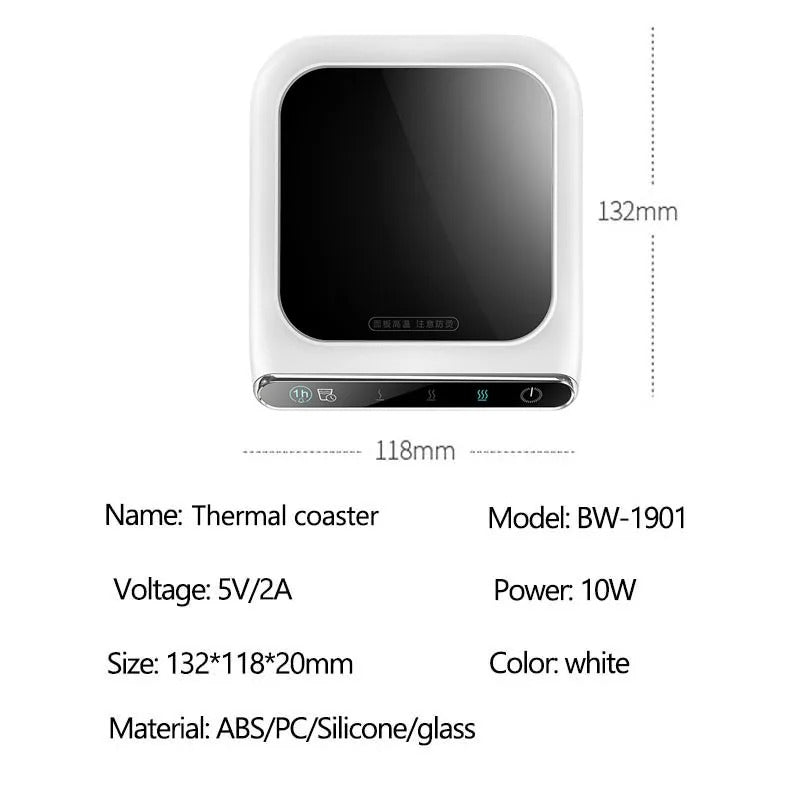 Top view of USB smart mug warmer with dimensions and technical specifications.