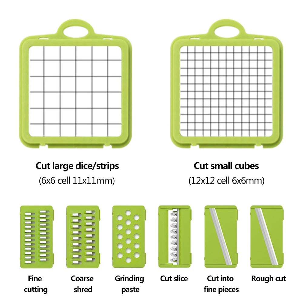 Interchangeable vegetable chopper blades for dicing, slicing, shredding, and grinding, with large and small cutting grids.