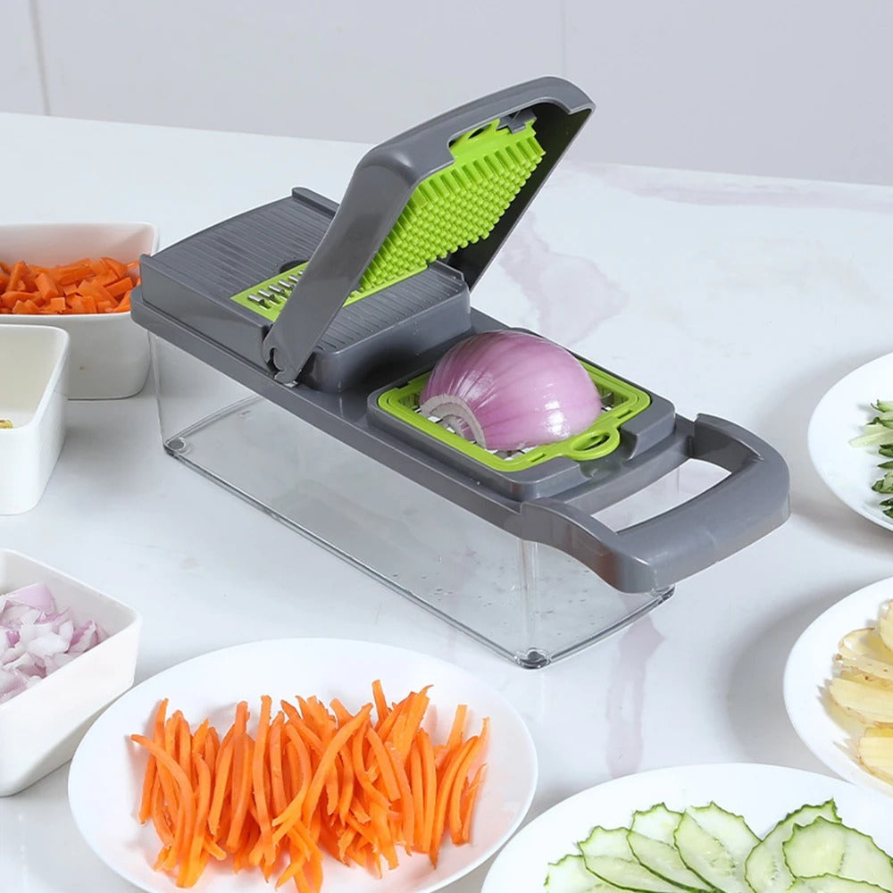 Multi-functional vegetable chopper in action, slicing onions, carrots, and cucumbers with precision.