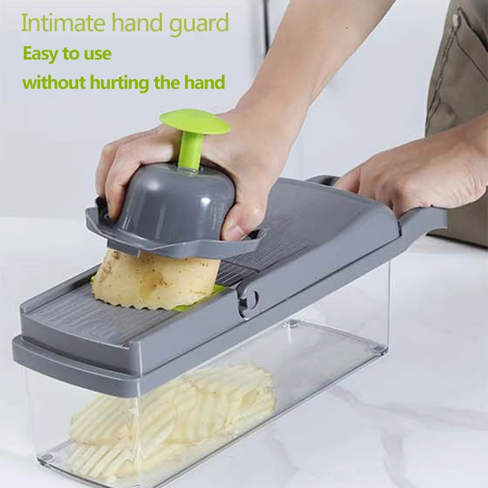 Vegetable chopper with safety hand guard, ensuring easy and injury-free slicing of potatoes and vegetables.